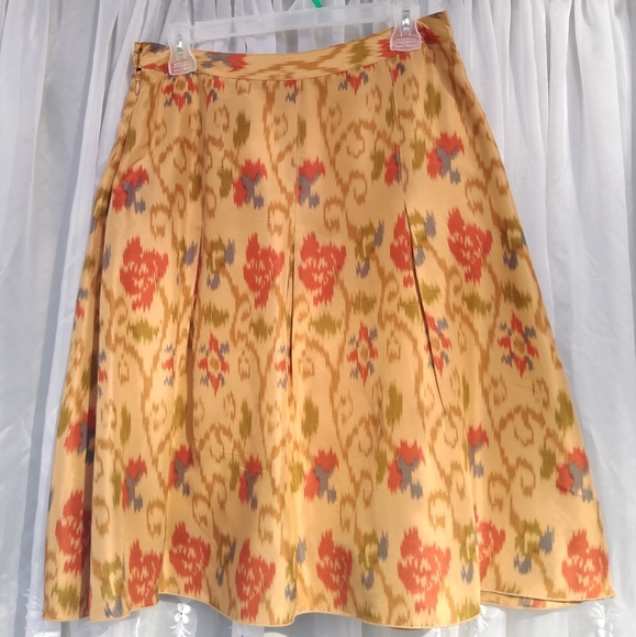 J. Jill Ikat Floral Print Silk A-Line Pleate Skirt